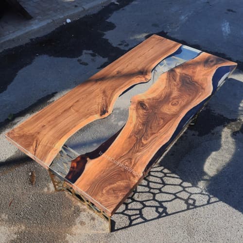 Custom Clear Live Edge Epoxy Walnut Dining Table | Tables by Ironscustomwood. Item made of walnut with metal