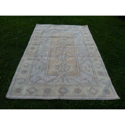 Vintage Hand Knotted Turkish Oushak Rug | Area Rug | Rugs by Vintage Pillows Store. Item composed of cotton