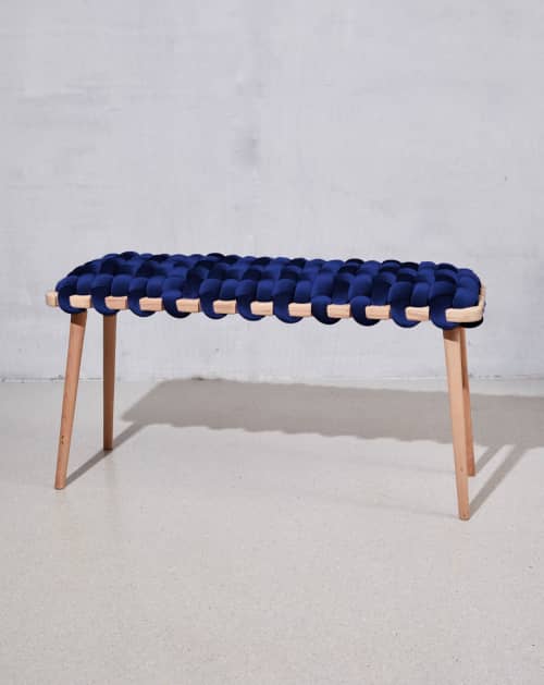 Midnight Blue Velvet Woven Bench | Benches & Ottomans by Knots Studio. Item made of wood & cotton