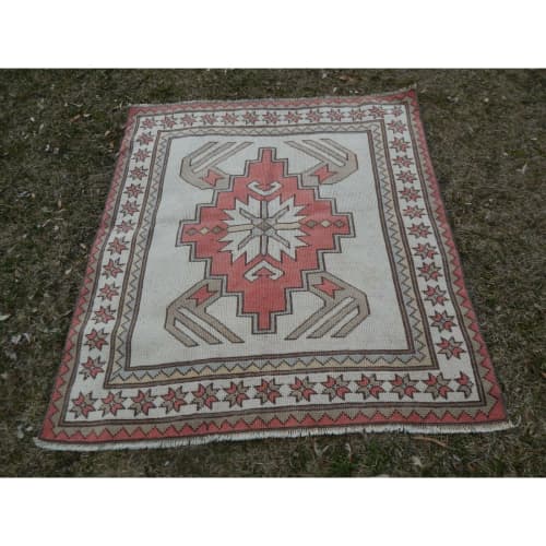 1970s Square Vintage Flat Weave Turkish Rug - 3'10'' x 4' | Area Rug in Rugs by Vintage Pillows Store. Item composed of cotton and fiber