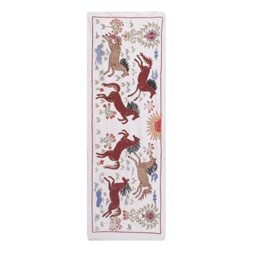 Suzani Tapestry With Horse Design, Animal Pictorial Silk on | Tablecloth in Linens & Bedding by Vintage Pillows Store