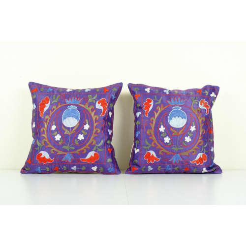 Suzani Silk on Silk Pillow, Set of Two Uzbek Silk Purple Emb | Cushion in Pillows by Vintage Pillows Store