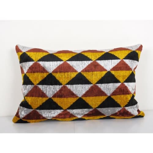 Colorful Ikat Velvet Pillow - Lumbar Silk Cushion Cover - Si | Pillows by Vintage Pillows Store