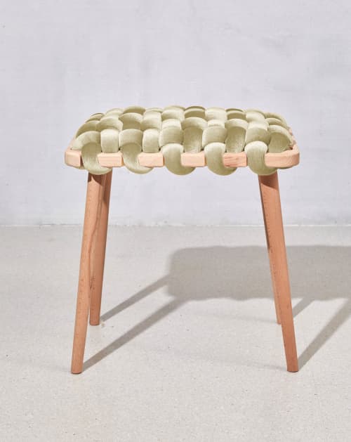 Champagne Velvet Woven Stool | Chairs by Knots Studio. Item made of wood with fabric