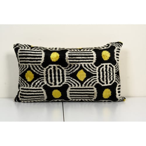 Silk Ikat Velvet Pillow Cover, Black and Yellow Motif by Vintage