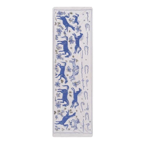 Silk Suzani Blue Table Runner, Animal Pictorial Silk on Silk | Tablecloth in Linens & Bedding by Vintage Pillows Store