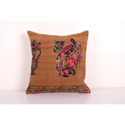 Vintage Handwoven Floral Pattern Square Kilim Pillow, Needle | Cushion in Pillows by Vintage Pillows Store