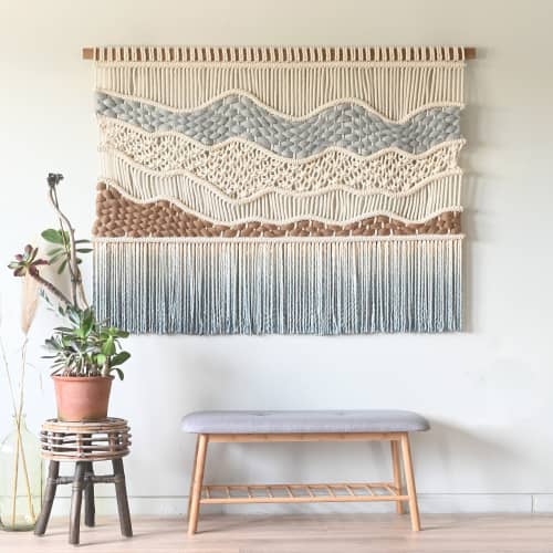 Large Macrame Wall Tapestry - SOFT HILLS | Wall Hangings by Rianne Aarts / Teddy and Wool Studio. Item composed of oak wood and cotton