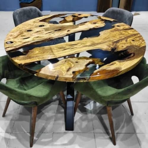 Custom 52" Diameter, Round Olive Wood, Clear Epoxy Dining | Dining Table in Tables by LuxuryEpoxyFurniture. Item composed of wood and synthetic