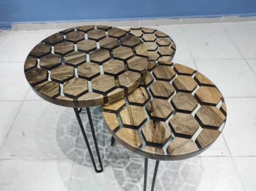 Hexagon Coffee Table Set, Round Epoxy Table, Resin Dining | Dining Table in Tables by LuxuryEpoxyFurniture. Item composed of wood & synthetic