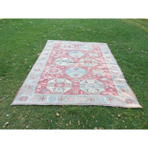 Vintage Distressed Oushak Rug With Pastel Colors | Area Rug in Rugs by Vintage Pillows Store. Item made of cotton with fiber