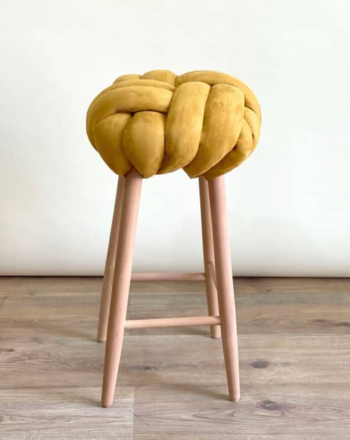 Desert Yellow Vegan Suede Knot Bar Stool | Chairs by Knots Studio. Item made of wood with fabric