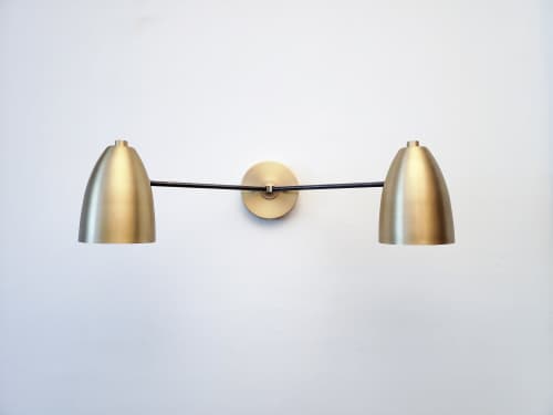 Bathroom Vanity Wall Double Sconce - Satin Brass Light | Sconces by Retro Steam Works. Item composed of brass in mid century modern or contemporary style