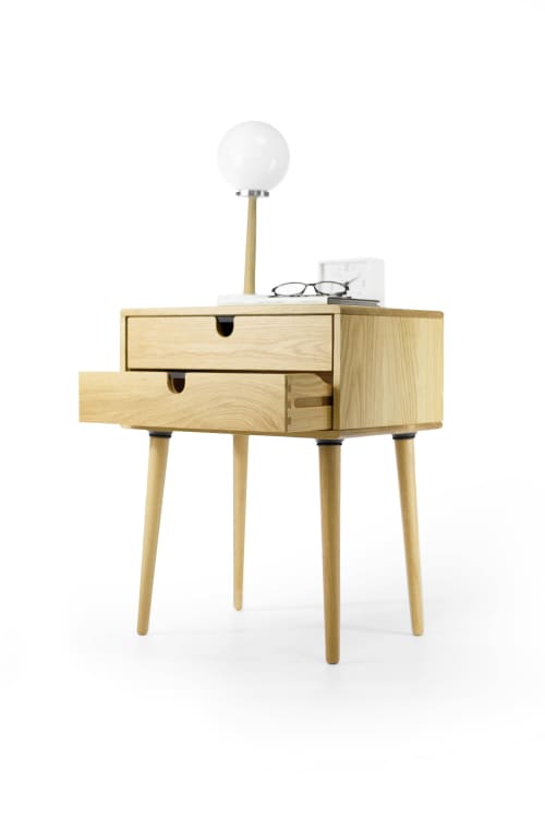 Mid Century Modern Solid Oak Nightstand with Double Drawers | Storage by Manuel Barrera Habitables. Item made of oak wood