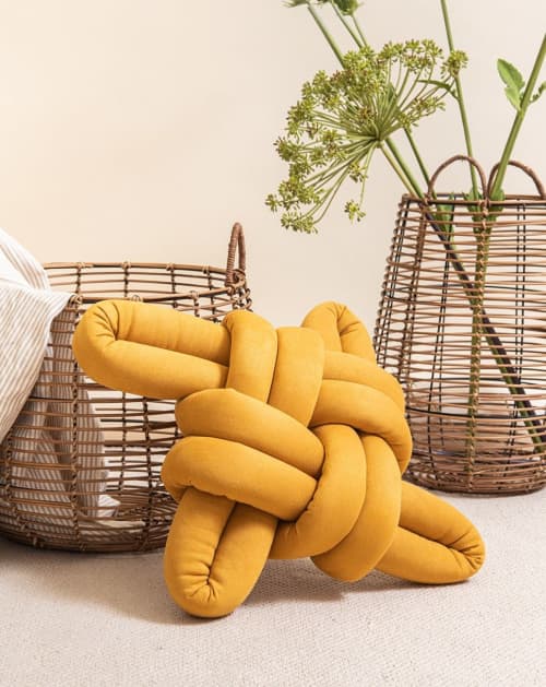 Desert Yellow Vegan Suede Knot Pillow | Pillows by Knots Studio. Item made of fabric