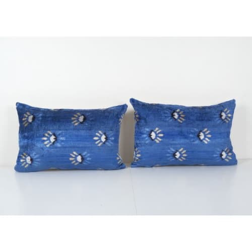 Blue Silk Ikat Velvet Pillow, Pair Handloomed Lamb Design Lu | Cushion in Pillows by Vintage Pillows Store