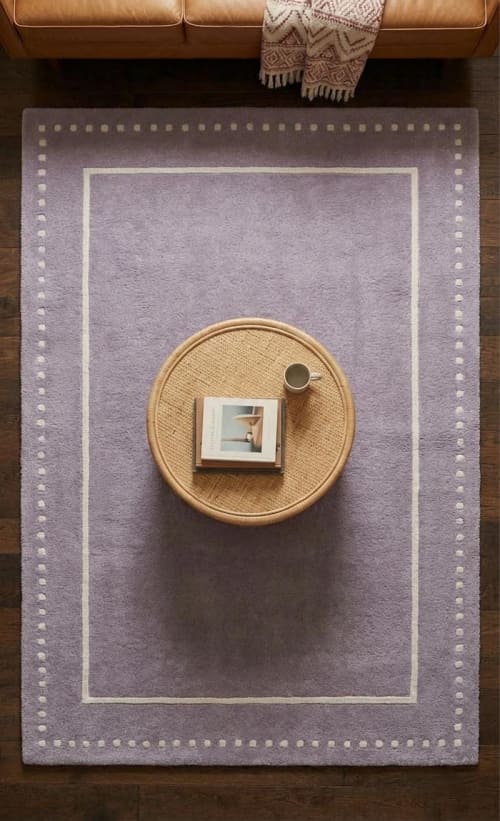 Hand-Tufted Wool Area Rug, Lavender Dotted Border, Cozy Earthy Living Room Carpet | Rugs by Krafcreation. Item composed of cotton compatible with minimalism and contemporary style