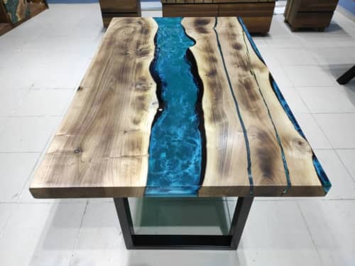 River Turquoise White Epoxy Resin Dining Table, Epoxy Table | Tables by LuxuryEpoxyFurniture. Item made of wood with synthetic