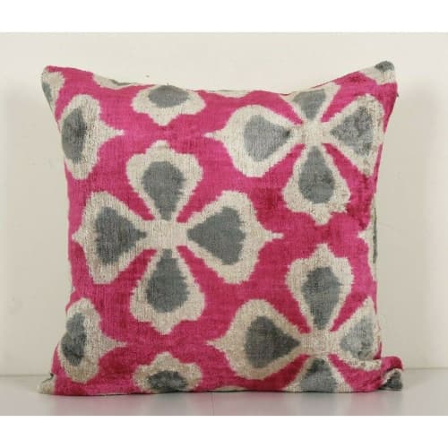 Handloom Pink Ikat Velvet Pillow - Square Floral Uzbek Silk | Sham in Linens & Bedding by Vintage Pillows Store. Item composed of cotton
