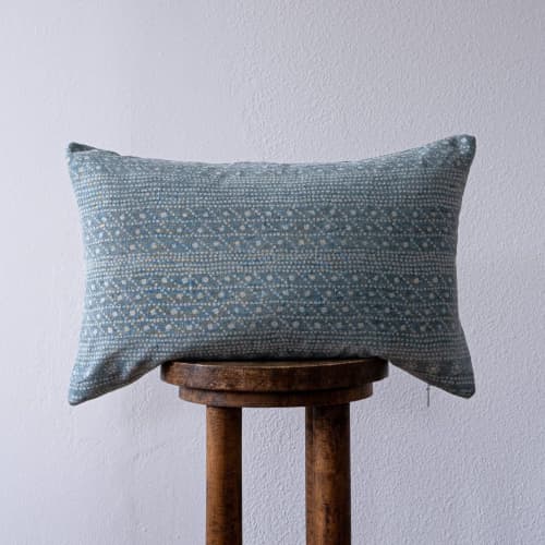 Blue Watercolor Dot Stripes Linen Lumbar Pillow 14x22 | Pillows by Vantage Design