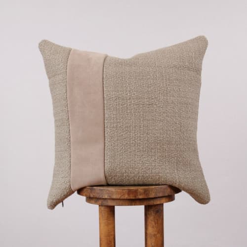 Mushroom Taupe Curly Wool Blend with Grey Suede Pillow 20x20 | Pillows by Vantage Design