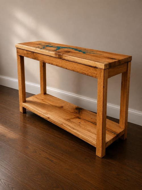 Handcrafted Solid White Oak Wood Console Table with Turquoise Epoxy Inlay | Tables by Pelican State Woodworks
