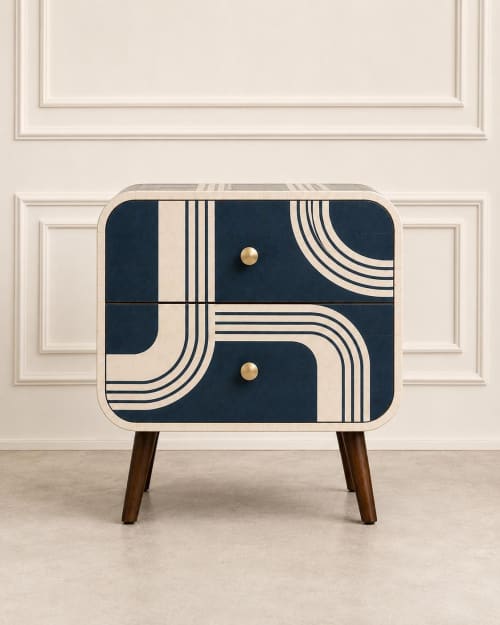 Handmade Art Deco Bone Inlay Nightstand Chic Bedside Table, Brass Knobs, Walnut Legs | Storage by IKKAZA. Item works with boho & mid century modern style