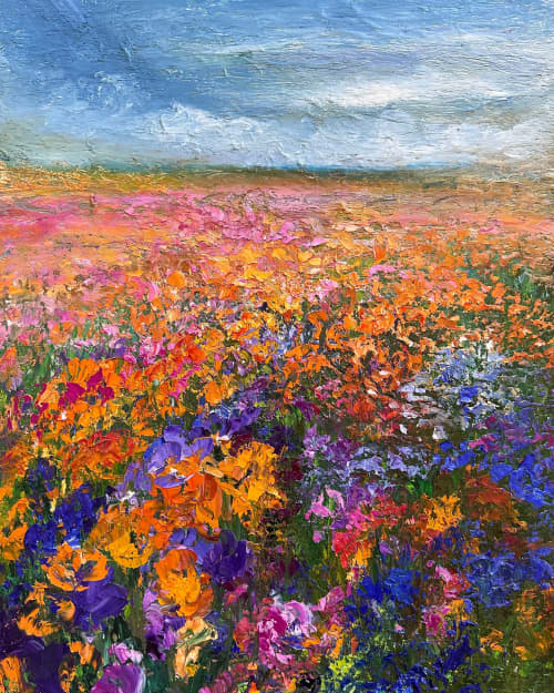 Rainy Pink Flower Field | Oil And Acrylic Painting in Paintings by Checa Art. Item composed of canvas