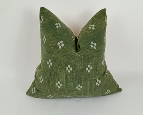hmong pillow, green and white pillow, green woven illow | Pillows by Velvet Fringe
