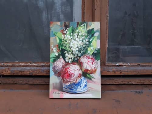 Peony flowers oil painting original on canvas Lily | Oil And Acrylic Painting in Paintings by Natart. Item made of canvas & synthetic compatible with contemporary style