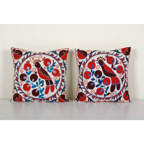Handmade Square Animal Suzani Pillow Cover - A Pair | Sham in Linens & Bedding by Vintage Pillows Store. Item made of cotton