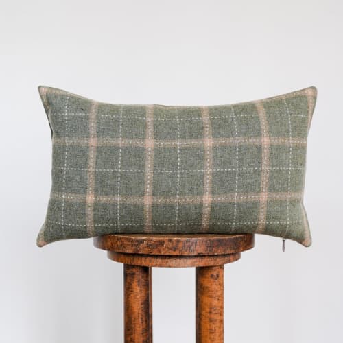 Green Wool Plaid with Tan Stripes Lumbar Pillow 12x20 | Pillows by Vantage Design