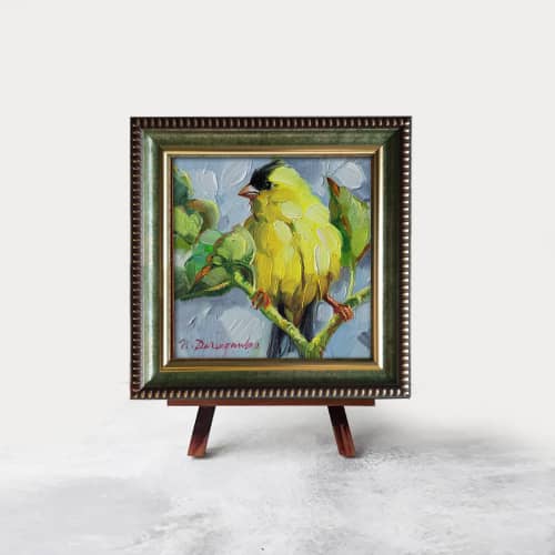 American goldfinch bird oil painting original framed 4x4 | Oil And Acrylic Painting in Paintings by Natart. Item composed of synthetic compatible with modern style