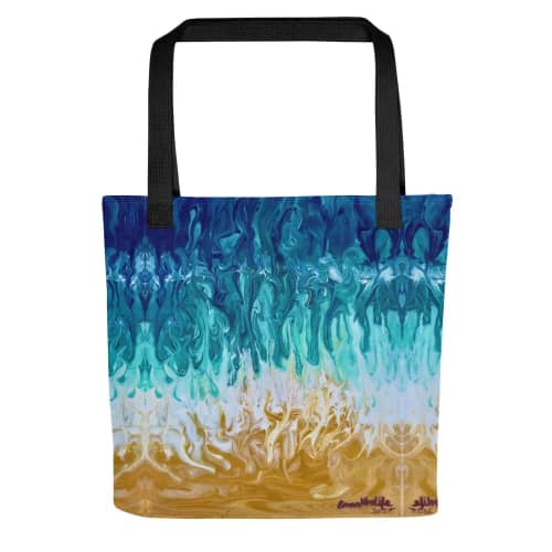 Tote Bag - Good Tidings - Fluid Blue Gold Ocean | Work by Eman's Gallery