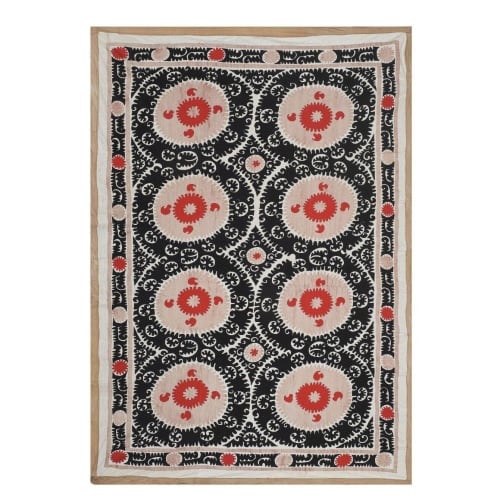 Vintage Black and Pink Suzani from Samarkand Uzbekistan | Tapestry in Wall Hangings by Vintage Pillows Store. Item composed of cotton