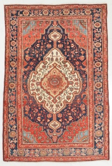 Antique Rug | 4.5 x 6.6 | Rust Pink Navy Beige French Blue | Area Rug in Rugs by The Loom House. Item composed of fiber