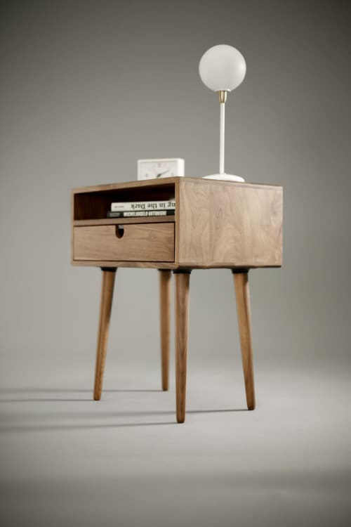 Mid Century Nightstand Bedside Table with Drawer | Storage by Manuel Barrera Habitables. Item composed of walnut