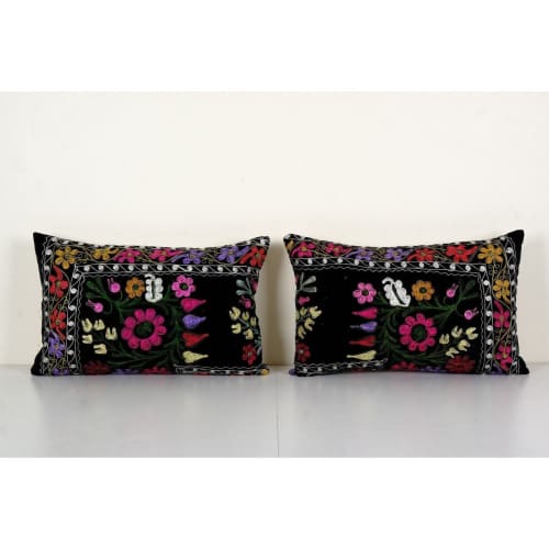 Pair Black Tashkent Velvet Suzani Floral Lumbar Pillow Case | Sham in Linens & Bedding by Vintage Pillows Store. Item made of cotton