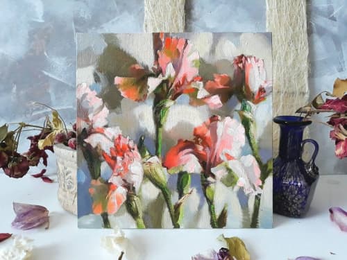 Irises flowers oil painting original art, Floral painting | Oil And Acrylic Painting in Paintings by Natart. Item made of wood & synthetic compatible with contemporary style