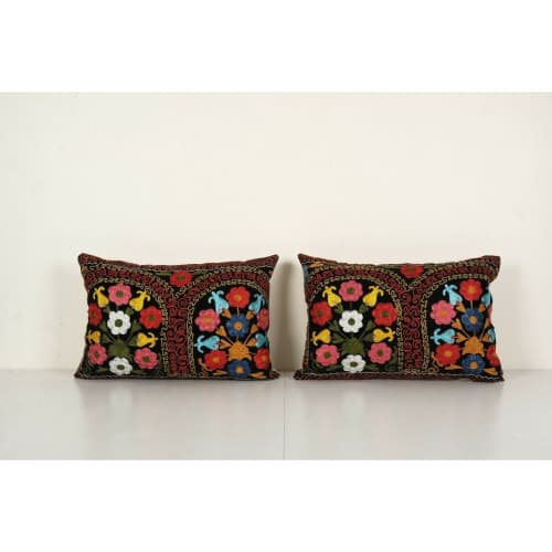Black Tashkent Velvet Suzani Lumbar Pillow Case Made | Sham in Linens & Bedding by Vintage Pillows Store. Item composed of fabric