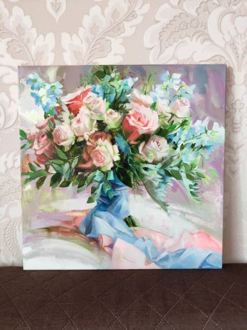 Bridal flowers portrait, Custom wedding bouquet painting | Oil And Acrylic Painting in Paintings by Natart. Item composed of canvas and synthetic