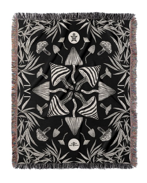 IVI - Mushroom + Cannabis  Blanket BW | Linens & Bedding by Sean Martorana. Item composed of cotton