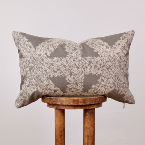 Embroidered Stitch on Grey Linen Lumbar Pillow 15x23 | Pillows by Vantage Design