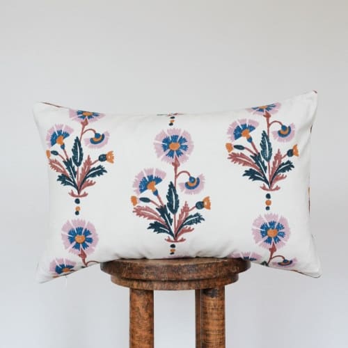 Printed Flowers on Off White Cotton Lumbar Pillow 14x22 | Pillows by Vantage Design