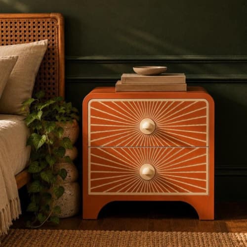 Terracotta Bone Inlay Nightstand, Sunburst Curved Bedside Table, 2 Drawer Burnt Orange 70s Furniture | Storage by IKKAZA