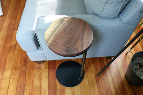 Medium Round Industrial side table, walnut 12" | Tables by Hazel Oak Farms | Amana Colonies in Amana. Item made of wood & steel