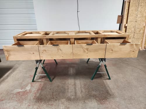 Model #1097 - Custom Floating Double Sink Vanity | Countertop in Furniture by Limitless Woodworking. Item composed of maple wood in mid century modern or contemporary style