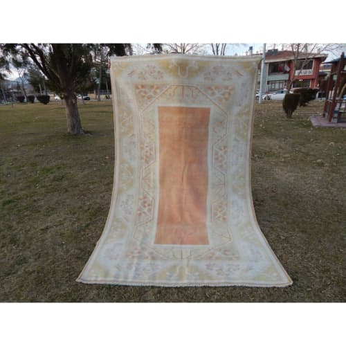 1970s Vintage Pastel Handwoven Turkish Oushak Rug | Area Rug in Rugs by Vintage Pillows Store. Item made of cotton