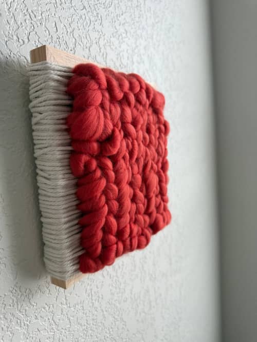 Woven Tile- Fluff- Grapefruit and White | Wall Sculpture in Wall Hangings by Mpwovenn Fiber Art by Mindy Pantuso