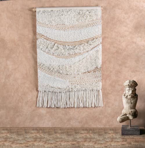 Handwoven Wool Jute Wall Hanging Textured Neutral Boho Tapestry Accent | Wall Hangings by Swiflo